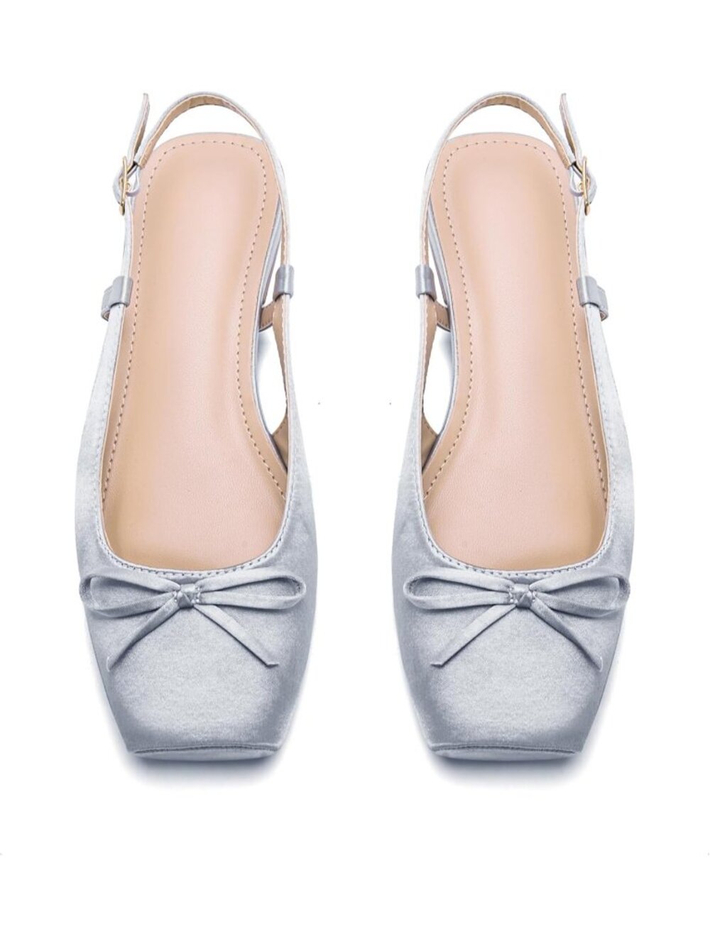 Women's Grey Blue Slingback Square Toe Bow Knit Ankle Buckle Satin Ballet Flats